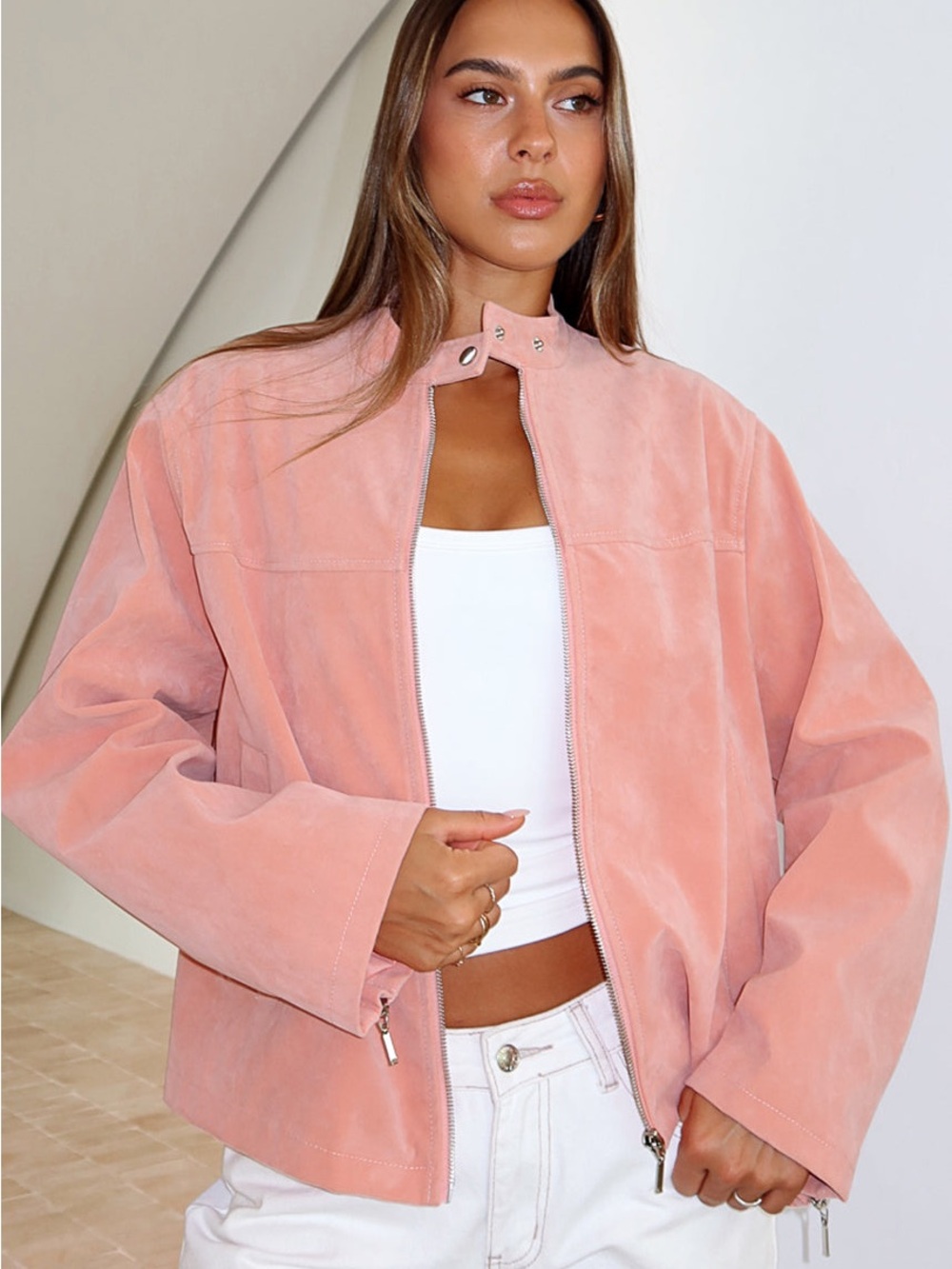 White Fox Boutique Blush Pink Suede Zip Jacket